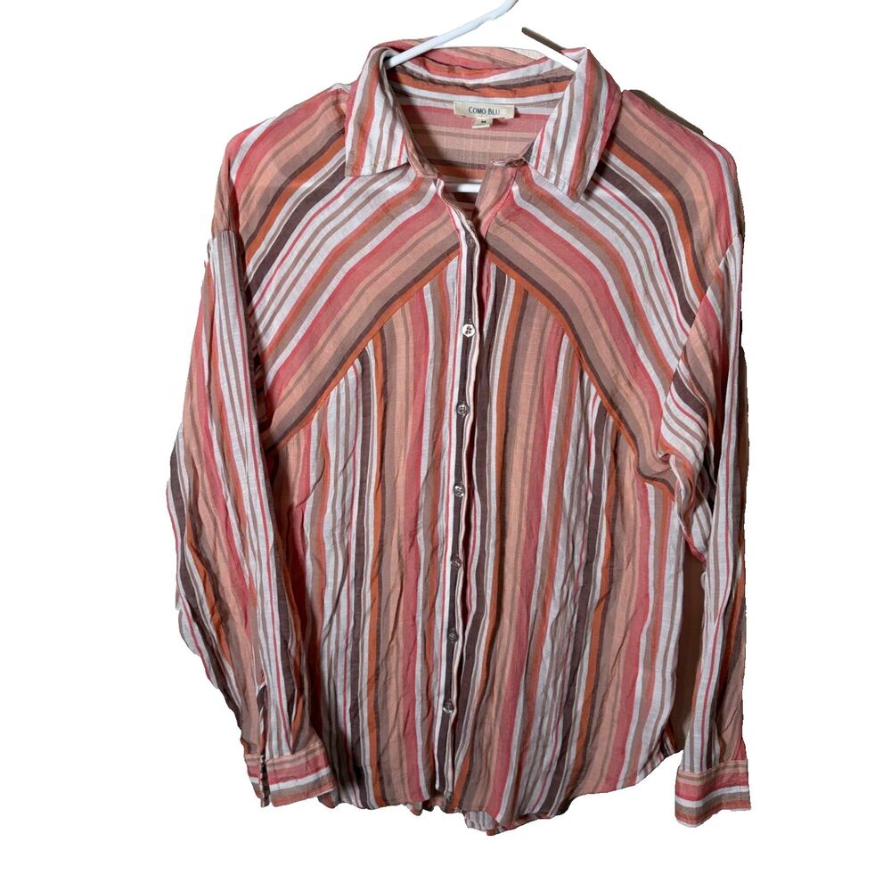 Como Blu Shirt Women's Medium Striped Button Up Colorful Collared Long Sleeve